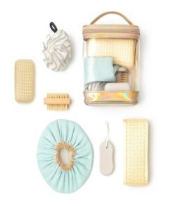 Wishkey 6-Piece Bath Spa Set for Women Shower Cap Bath Loofah Pouf Back Scrubber Strap Nail Brush Pumice Stone & Loofah Pad Body Scrub Kit for Shower & Bath Gift Set For Girl