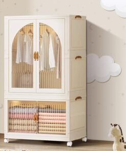 Foldable Storage Bins Stackable Storage Box Organizer Plastic Folding Stoarge Wardrobe Cabinet with Doors and Wheels for Home Bedroom Dormitory