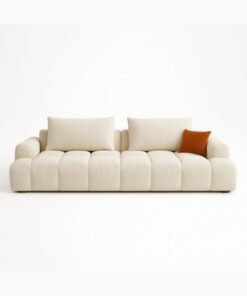 KustomDeco Luxuary 3-Seater Sofa with Deep Cushions – Minimalist Upholstered Fabric Couch in Beige with Accent Pillows, Customizable Design Sofa Living Room Furniture UAE