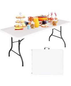 MOMENT [1.8M] Foldable Lightweight Trestle Outdoor Camping Tables, Heavy Duty Plastic Outdoor Picnic Table, Folding Trestle Table For Bbq Party, Folds In Half With Carry Handle, White [180×74×74Cm]