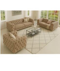Maharat Al Bahar Maharat Furniture Luxury Chesterfield Sofa Set – 3-Piece Beige Tufted Velvet Living Room Set with Armchair, Loveseat & Sofa – Elegant Modern Design with Metal Legs