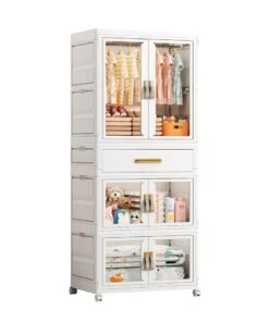 Ollieroo Plastic Modular Storage Cabinet – PP/PET/ABS Wardrobe with 1 Drawer, 2 Foldable Boxes, Hanging Rod and 6 Hangers (Colors Random), Lockable Swivel Wheels, Pre-Installed Handles, and Magnetic Doors for Bedroom, Closet, or Living Room, 64 × 41 × 161.5 cm