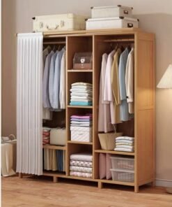 Kutis Wardrobe Cabinet Storage Closet Clothing Organizer With Curtains Bamboo 150x43x160 cm