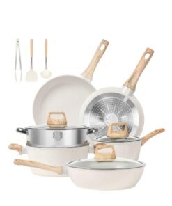 XiuWoo 12 Pcs Pots and Pans Set, Nonstick Cookware Sets Beige Granite Induction Cookware, Non-toxic Healthy Non Stick Kitchen Cooking Set with Frying Pans Set, Saucepans,Steamer, Beige