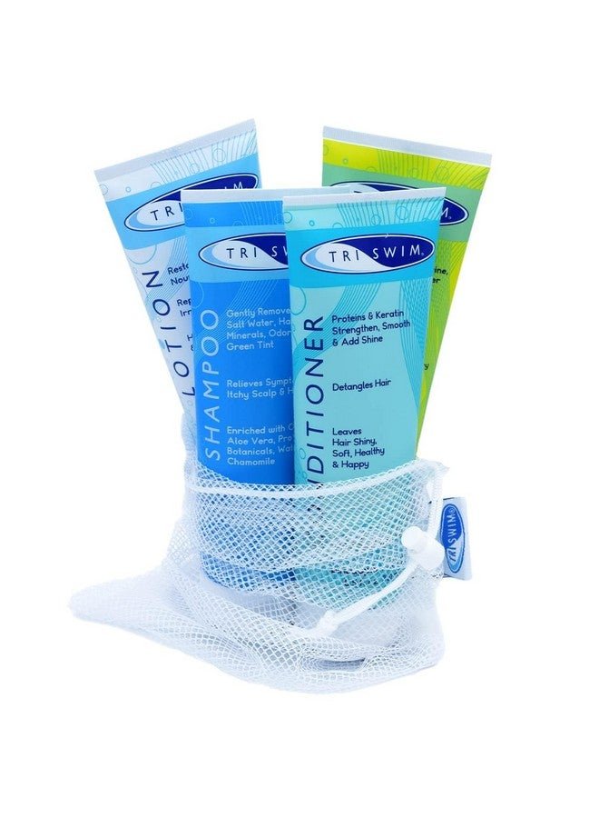 Triswim Gift Set Value Pack Of 4 + Mesh Bag Travel Kit Swim Care Chlorine Removal Body Wash + Swimmers Shampoo + Conditioner And Lotion 8.5 Fl Oz For Hydrated Skin And Healthy Hair