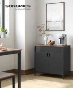 SONGMICS Storage Cabinet, Metal Cabinet with Double Doors, Magnetic Closure, Adjustable Shelf, Steel Frame, Rustic Brown and Black