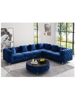 Maharat Al Bahar Luxury L-Shaped Royal Blue Velvet Chesterfield Sofa - 6-Seater with Golden Legs - Classic Tufted Design for Elegant Living Rooms