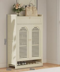 NKX Shoe Cabinet Milky White Entryway with Two Doors and Eight Layers With Drawer 110*32*59cm