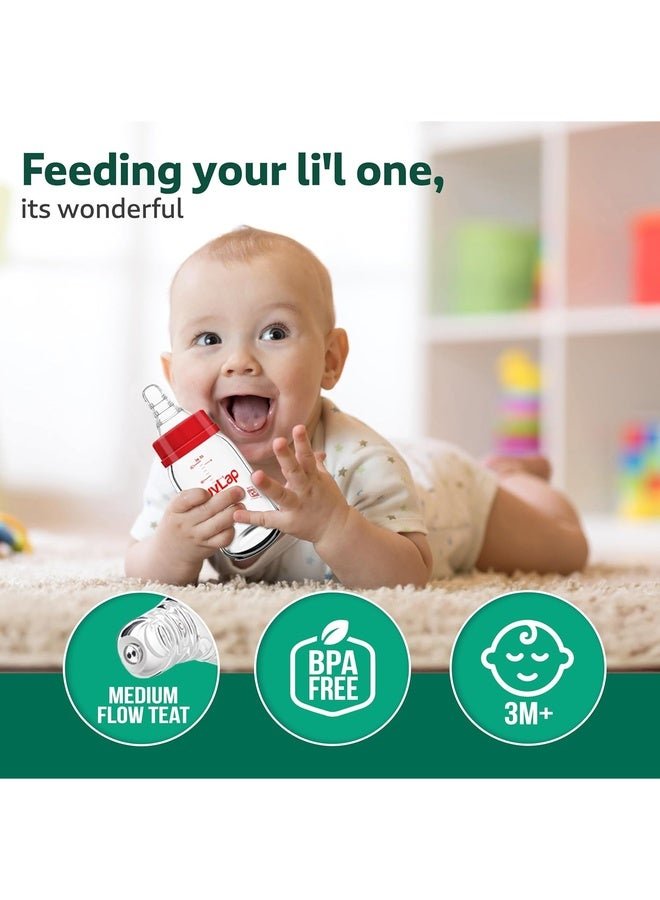 Luvlap Natura Flo Wide Neck Glass Feeding Bottle, New Born/Infants/Toddler Upto 3 Years, BPA Free, Ergonomic Shape is Easy to Hold, with Anti Colic Nipple, 250ml