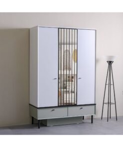 DANUBE HOME Petra 3-Door Swing Door Wardrobe with 2 Drawers & Mirror - Stylish White & Grey Engineered Wood Furniture for Bedroom Storage - Size: L200.4xW53xH130cm - Ideal Wardrobe Solution!