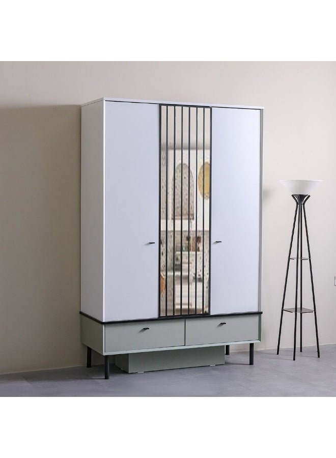 DANUBE HOME Petra 3-Door Swing Door Wardrobe with 2 Drawers & Mirror - Stylish White & Grey Engineered Wood Furniture for Bedroom Storage - Size: L200.4xW53xH130cm - Ideal Wardrobe Solution!