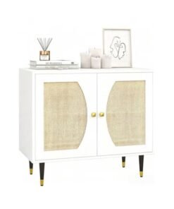 KLNAMAEAAN Modern White Storage Cabinet with Rattan Doors, Accent Sideboard with Gold Hardware & Tapered Legs