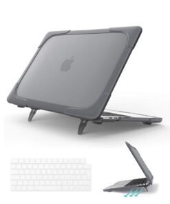 SUNDAREE for MacBook Air 13 inch Case 2022 2023 2024 M3 A3113 M2 A2681 with Touch ID, Heavy Duty Plastic Hard Shell with TPU Bumper Fold Kickstand & Keyboard Cover for MacBook Air 13, Gray
