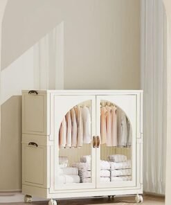 Foldable Storage Bins Stackable Storage Box Organizer Plastic Folding Stoarge Wardrobe Cabinet with Doors and Wheels for Home Bedroom Dormitory