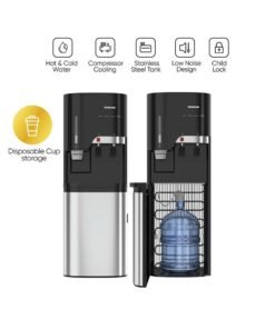 NIKAI Bottom Loading Water Dispenser - 2-Tap, Stainless Steel Tanks, Child Lock, Cup Holder, 5-Year Compressor Warranty NWD5000BSS Black/Grey
