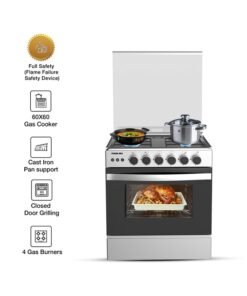 NIKAI 60X60cm 4 Burner Full Safety FreestAnding Gas Cooker, Auto Ignition, Double Glass Oven Door  For Close Door Grilling With Turnspit, Glass Lid And Oven Lamp, St. Steel Finish U6068FSE1 Silver