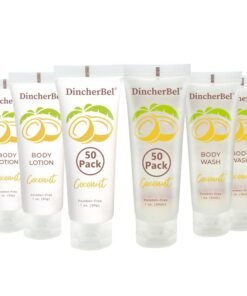 DincherBel Travel Size Body Wash and Body Lotion Bulk Hotel Toiletries Supplies for Guests Refreshing Tropical Coconut Scent Shower Gel and Body Cream for Men Women 1 Fl Oz 100 Pack