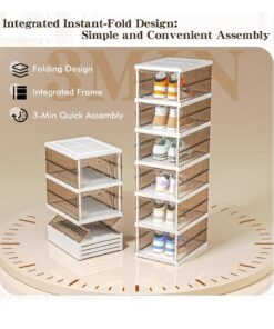 MissTiara Shoe Storage Organizer, Clear Installation-free Foldable Shoe Rack Stackable Shoe Box Pack, Portable Cabinet Rack Magnetic Clear Doors Compact Foldable Space-Saving (6-Tier)
