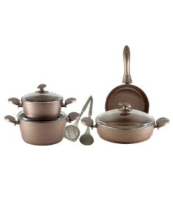 Homemaker 9-Piece Granitec Cookware Set Includes 1xScoop, 1xSpoon, 2xDeep Pot With Lid 20+24 cm, 1xLow Pot With Lid 26 cm, 1xFry Pan Rose Gold 26cm
