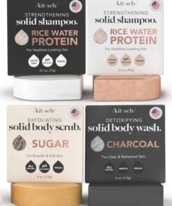 Kitsch Hair & Body Care Bar Set Kitsch Rice Water Shampoo & Conditioner Bar Charcoal Soap Body Wash Bar & Sugar Body Scrub Bar Vegan Strengthen Hair & Nourish Skin Paraben & Sulfate Free