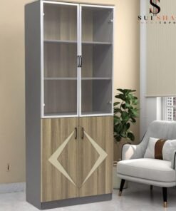 SULSHA Modern 4 Door Wooden File CABINET & Book Shelf Glass Door