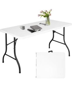 MOMENT [1.5M] Foldable Lightweight Trestle Outdoor Camping Tables, Heavy Duty Plastic Outdoor Picnic Table, Folding Trestle Table For Bbq Party, Folds In Half With Carry Handle, White (153.5×70×74cm).