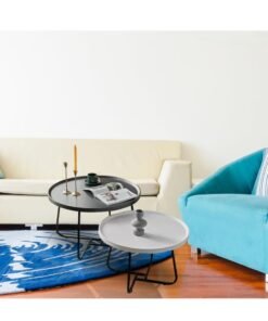 XiuWoo Coffee Table Set of 2, Wood Round End Table Side Tables, Nesting Table Modern Side Table,Medium Density Fiberboard and Metal Frame,Sturdy and Easy Assemblyfor Living Room Bedroom Office Balcony Yard,Black+White 50CM+70CM