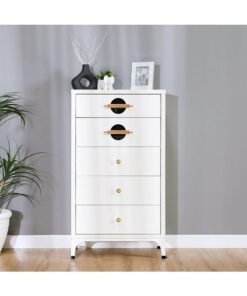 DANUBE HOME New Aloha Chest of 5 Drawers Multi Functional Cabinet Storage Organiser Space Saving Drawer Chest Furnitures For Bedroom Living Room L65xW40xH116 cm White / Golden