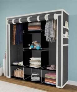 Maison & Cuisine ® Collapsible Wardrobe Portable Foldable Closet for Clothes Almira, 2 Hanging Space, 8 Shelves and 2 Side Pocket Non-Woven Fabric 90 GSM (88130G-N(Grey))