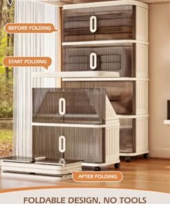 ROCKCAMEL Multifunctional Folding Storage Cabinet, 4 Tier Stackable Plastic Storage Bins with Universal Wheels and Dual Opening Clear Doors, Toy Storage Box, Snacks Locker, Bookcase for Home Office (55*33*104cm)
