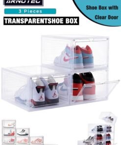 ARNOTEC Transparent Stackable Shoe Box Set of 3 with Magnetic Clear Door – Drop Front Sneaker Storage Organizer, Durable Plastic Shoe Boxes, Easy Assembly, Fits up to US Size 12