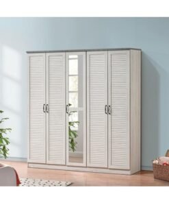 DANUBE HOME Zenith 5-Door Wardrobe With Drawers & Mirror For Hanging Clothes Extra Sturdy Rack Storage Organiser Modern Design Space Saving Cabinets For Bedroom - White Oak/Cement