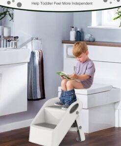 TRASSLE Toddler Step Stool for Kids Bathroom Sink Grey & White | Foldable 2 Step Stool for Kids 1-4 Years Old | Height  Child Kitchen Helper with Handles - Easy to Move, Slip-Resistant