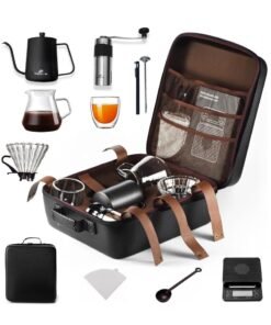 ESSENTIALS 360 V60 Pour Over Coffee Maker Set - Portable Coffee Kit 9Pcs with V60 Kettle, Digital Scale, Double Walled Mug, Glass Server, Manual Grinder, Glass Dipper, 100 Paper Filters & Coffee Scoop