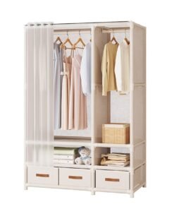 MIXDE Portable Wardrobe Storage Closet, Clothes Storage Cabinet with Curtain, Clothes Rack Multi-functional Storage Clothes Hanging Multi-Layer Shelving for Living Room, Bedroom, Clothes