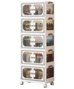 HOUSE OF QUIRK 5 Layer Storage Box Wardrobe with Wheels – Durable Plastic Foldable Closet Organizer with Multiple Compartments for Clothes, Bags, and Living Room Storage (45cm, White)