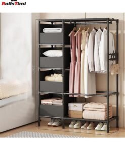 RollsTimi  Portable Simple Wardrobe with 4-layer Hangers, Independent Wardrobe Organizer, and Storage System with Side Hook for Wardrobes, Bedrooms, Entrances