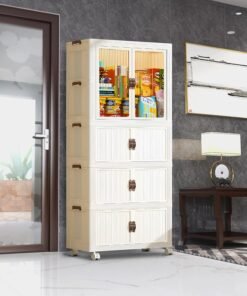 KIMANA Movable Foldable Plastic Cupboard for Storage | Plastic Wardrobe for Clothes | Drawer Storage Cabinet for Home Organizer with Transparent Doors and Wheels - Layer 5 Style 2