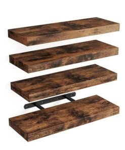 CozyNest Set of 4 brown Rustic Floating Wall Shelves with Metal Brackets, Wood Wall-Mounted Storage for Bathroom, Bedroom, Kitchen, or Living Room Decor