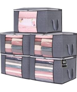 Rock Pow 5 Pack 60x40 cm Large Storage Bags 90L Clothes Storage Bins Foldable Closet Organizers Storage Containers with Durable Handles Thick Fabric for Blanket Comforter Clothing Bedding