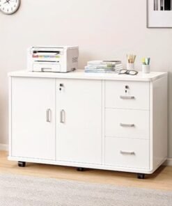 JOMILA Wooden Side Cabinet, Modern Storage Cabinet, Floor Document Cabinet with Wheels, Filing Cabinets, Office Cabinet with Lock (White, 90x34x59cm) - Image 4