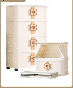 ROCKCAMEL Multifunctional Folding Storage Cabinet, 4 Layer Stackable Plastic Storage Bins with Universal Wheels and Solid-color Doors, Toy Storage Box, Snacks Locker, Bookcase for Home Office (60*36*118CM)