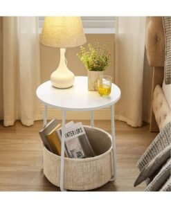 Joyelink Small Round Nightstand with Fabric Basket, Modern Minimalist White Table, 48 cm x 8 cm x 60 cm, Living Room, Bedroom - Image 3