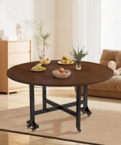Triple Folding Dining Table, Movable Large Round Table with Wheels, Suitable for Living Rooms, Saving Space,120x120cm