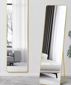Decorhills Full Length Mirror 147x37cm – Rectangle Full Body Mirror with Stand, Rounded Corner Floor Mirror with Aluminum Alloy Frame, Standing or Wall Mounted Dressing Mirror for Bedroom (Gold)