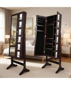 DANUBE HOME Kersten Wide Free Standing Jewelry Cabinet With Mirror | Standing Mirror With Storage | Modern Design Bedroom Furniture L53xW40xH154cm - Dark Walnut