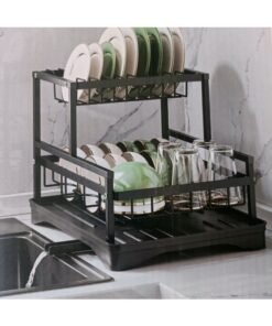 QK Exclusives - 2 Tier Dish Drying Rack with 360° Rotating Drainer - Stainless Steel Dish Rack for Kitchen Counter - Multi-layer Rust-proof Stainless Steel Dish Drainer stand Over Kitchen Sink