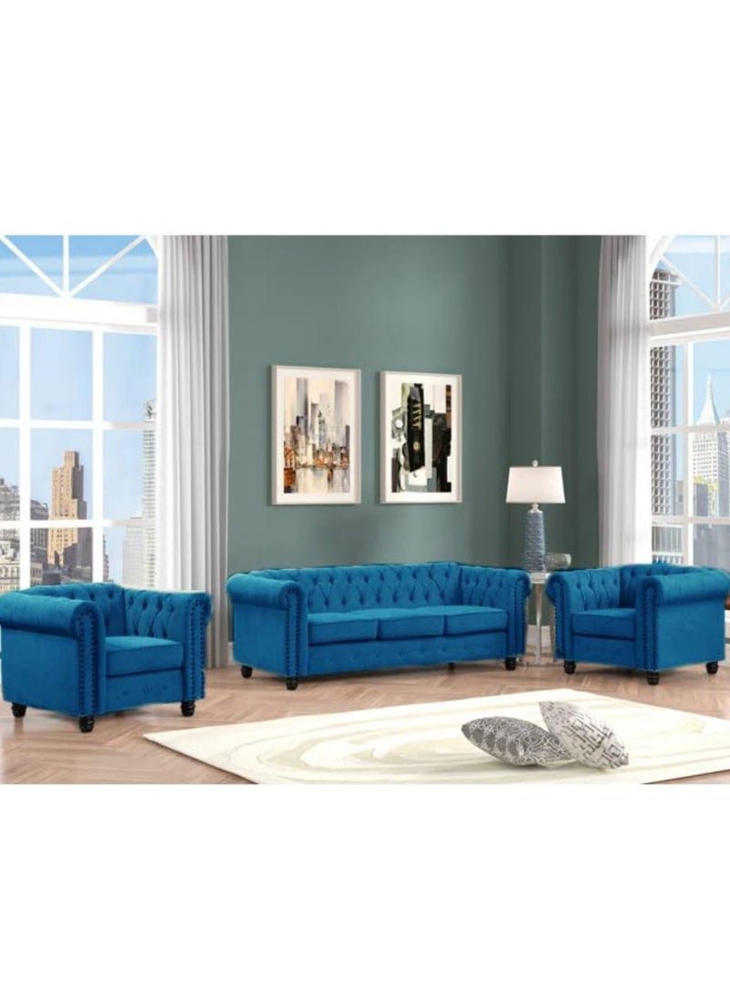 Maharat Al Bahar MAB Furnishings - 5-Seat Chesterfield Tufted Jewel-Toned Velvet Sofa with Scroll Arms, Blue