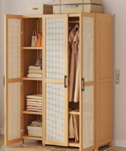 keke Rattan Panel Wooden Wardrobe 3 Door Freestanding Closet Organizer with Hanging Rod & Shelves Size 160ccm 90cm 42cm