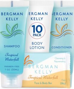 Bergman Kelly Hotel Toiletries Bundle (Tropical Waterfall, 1 oz each, 40 Pcs) 4-Piece Set: 10 Rectangular Bar Soap, 10 Shampoo, 10 Conditioner & 10 Body Lotion - Bulk Mini Guest Amenities Supply